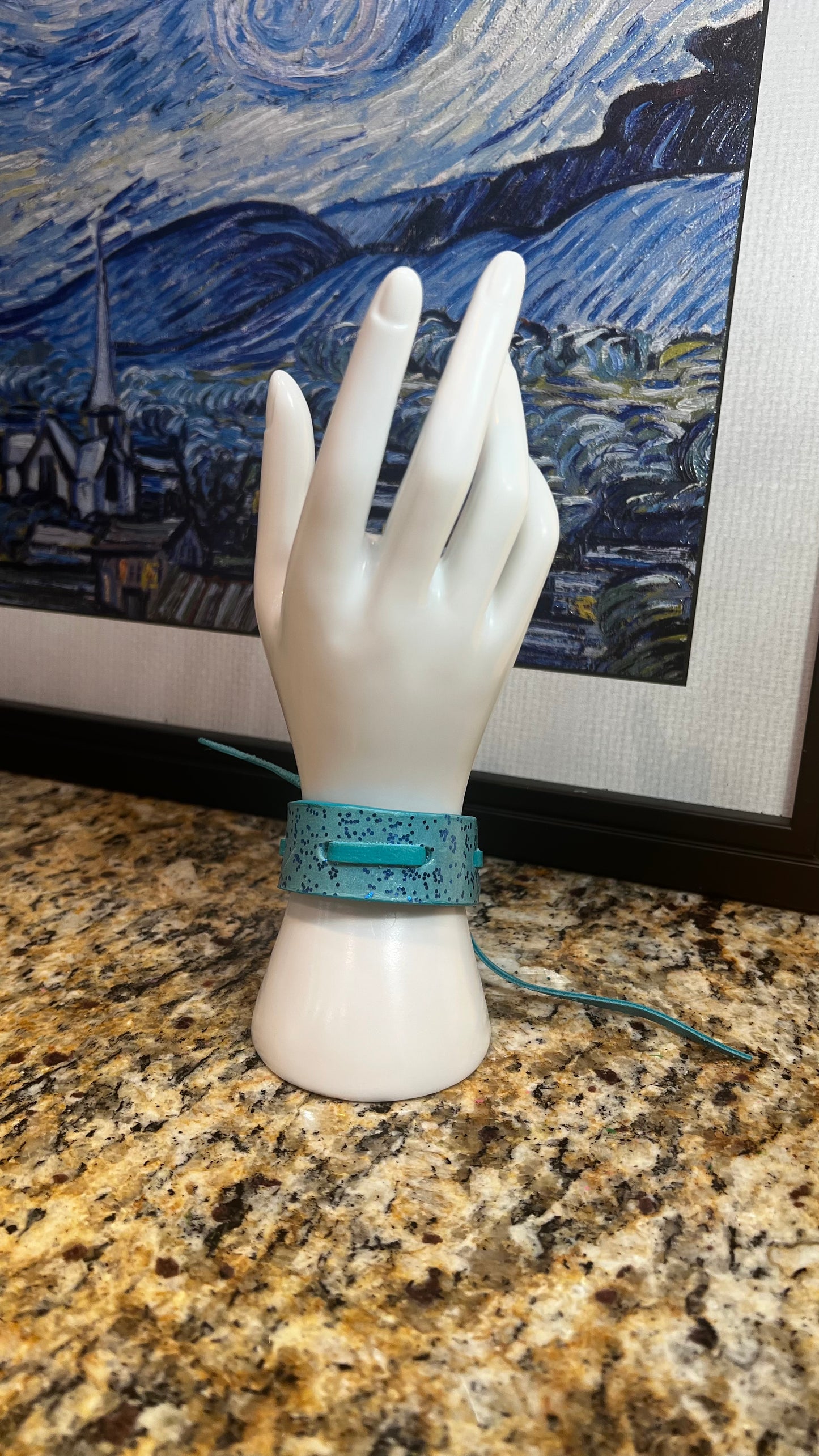 Turquoise Leather Cuff With Blue Sparkles