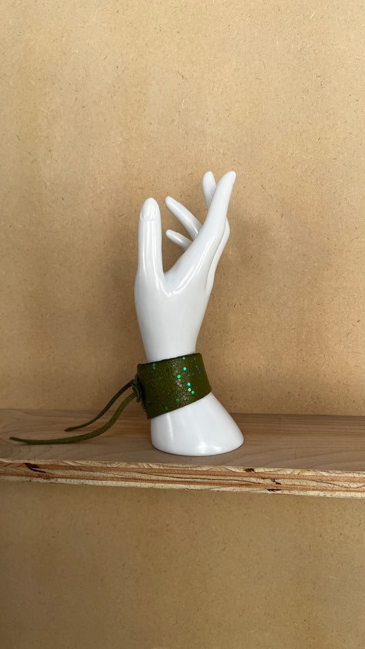 Green Leather Cuff with Holographic Sparkles