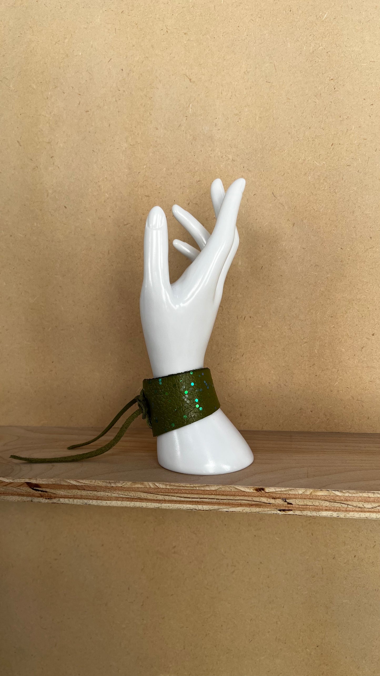 Green Leather Cuff with Holographic Sparkles
