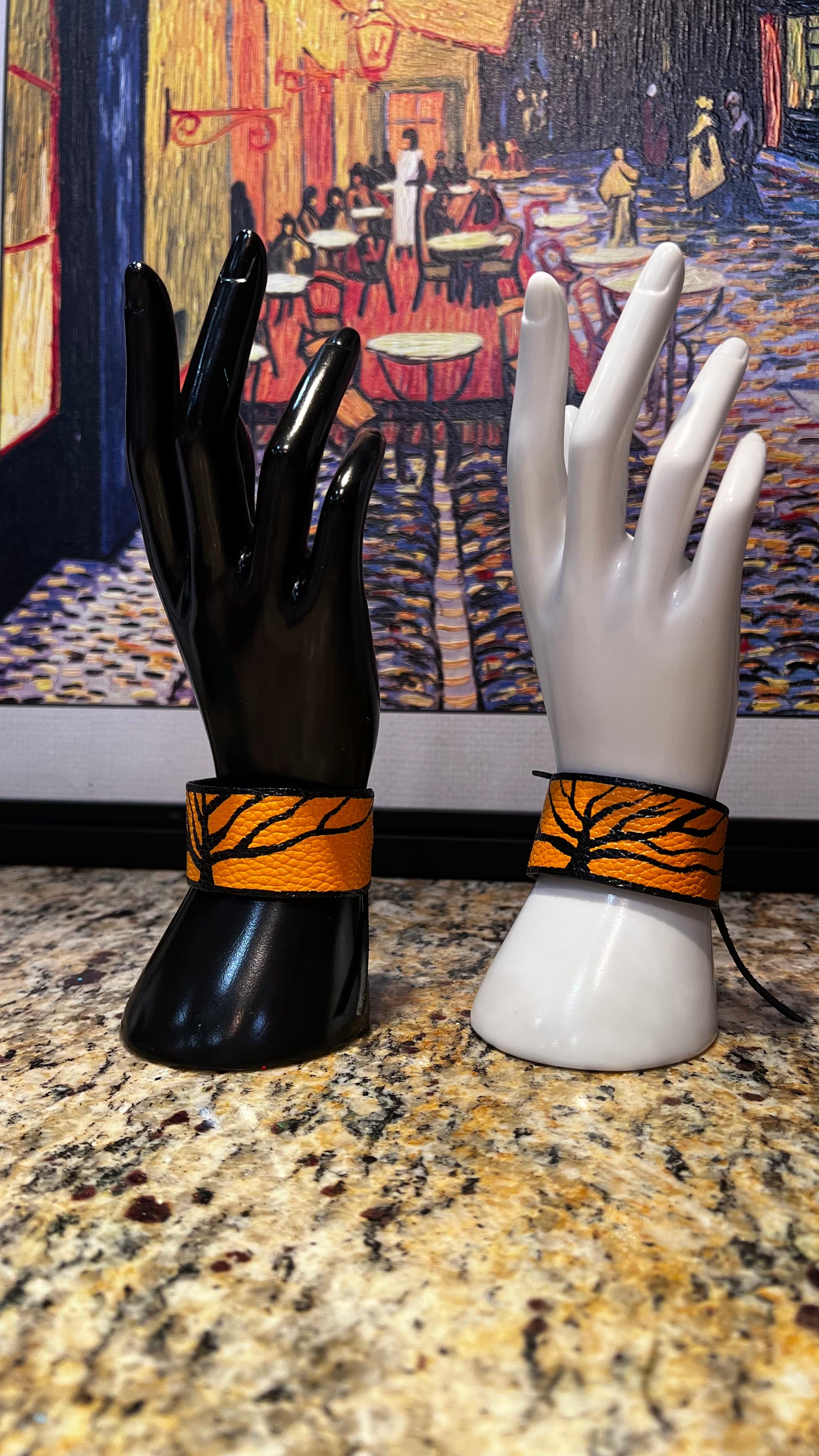 Orange and Black Tree Branch Leather Cuffs (Set of 2)