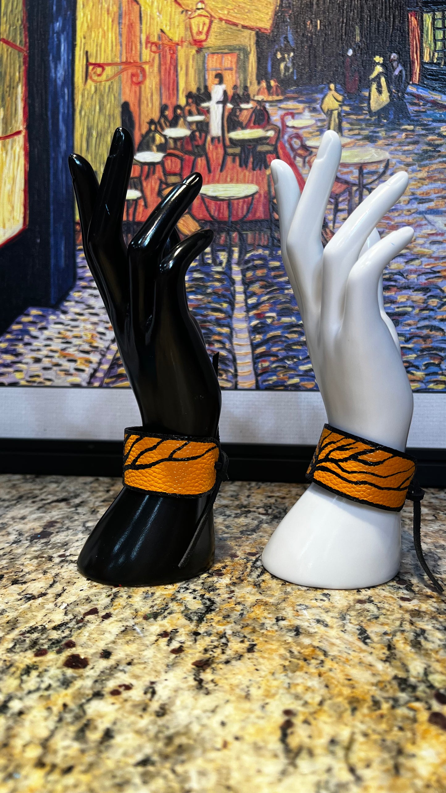 Orange and Black Tree Branch Leather Cuffs (Set of 2)