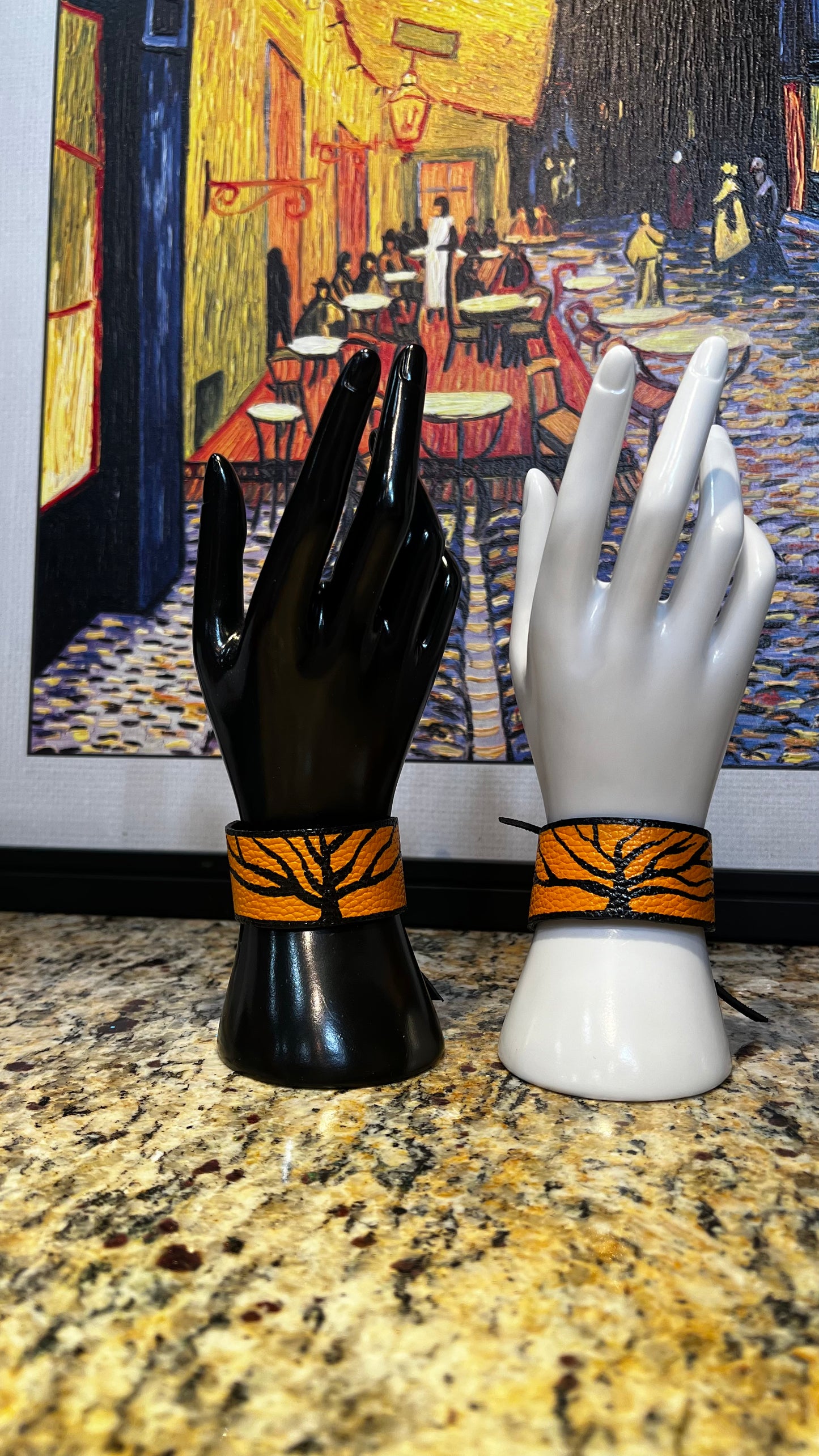 Orange and Black Tree Branch Leather Cuffs (Set of 2)