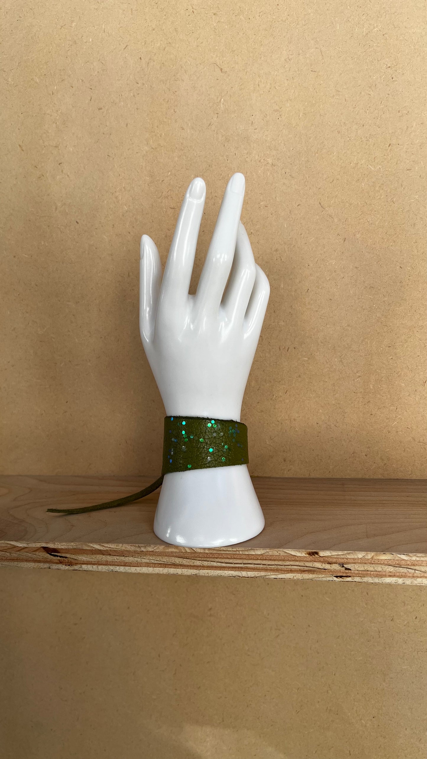 Green Leather Cuff with Holographic Sparkles