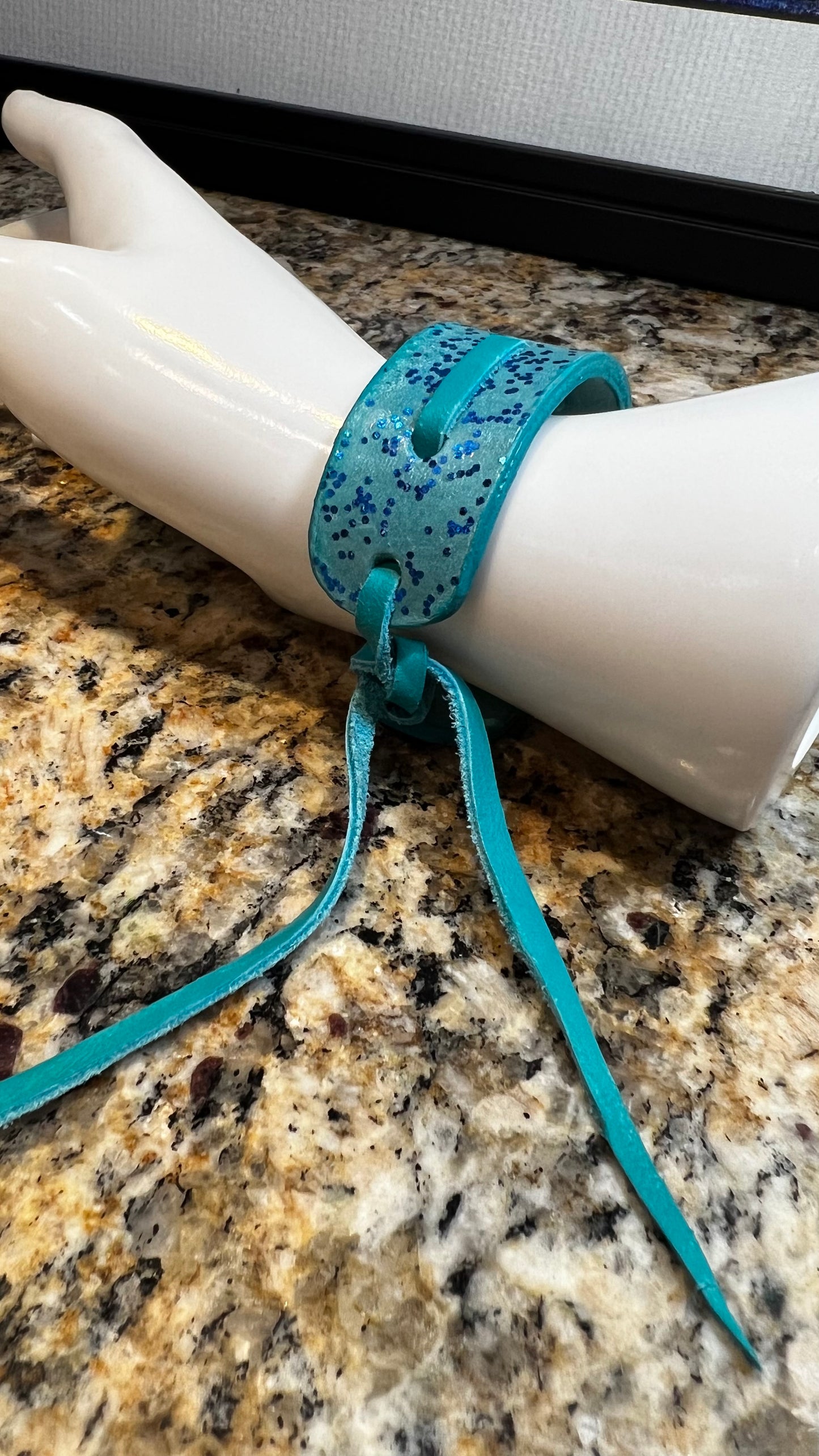 Turquoise Leather Cuff With Blue Sparkles